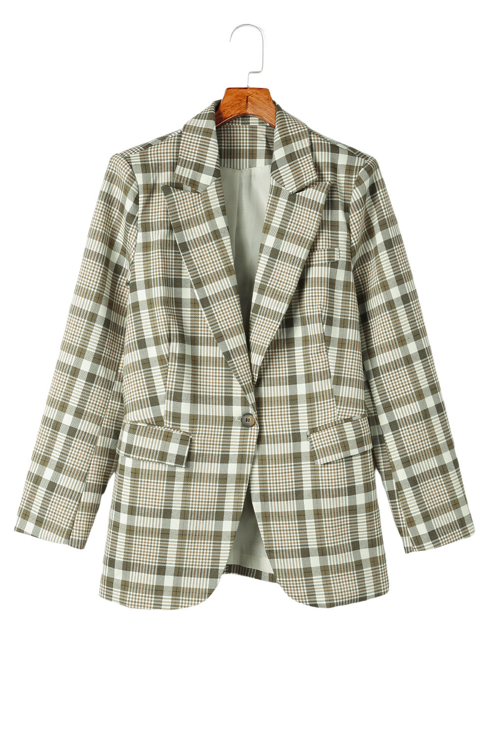 Chic khaki plaid lapel blazer with button closure