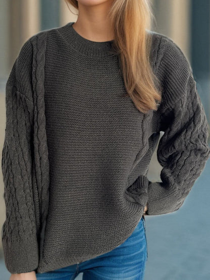 Cable-Knit Round Neck Long Sleeve Sweater