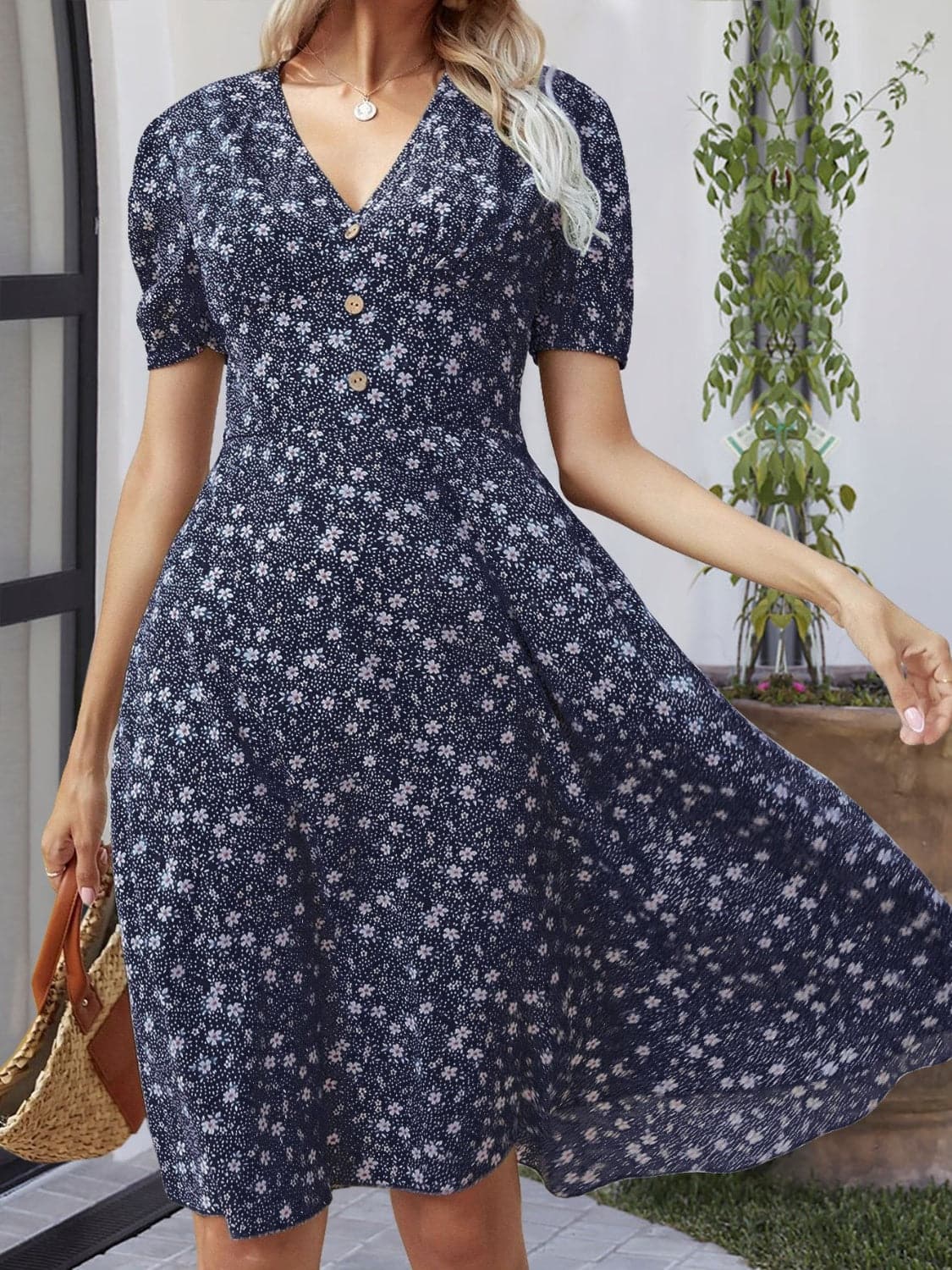 Printed V-Neck Short Sleeve Dress.