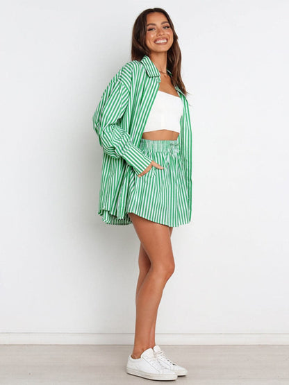 Striped Dropped Shoulder Shirt and Shorts Set.