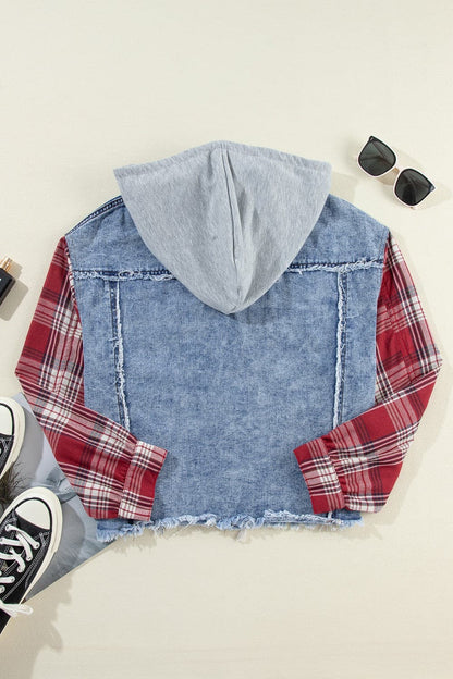 Raw Hem Drawstring Plaid Denim Jacket.