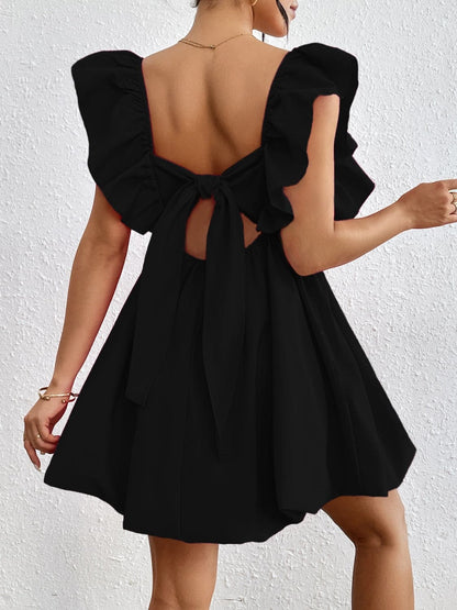 Ruffled V-Neck Cap Sleeve Mini Dress.