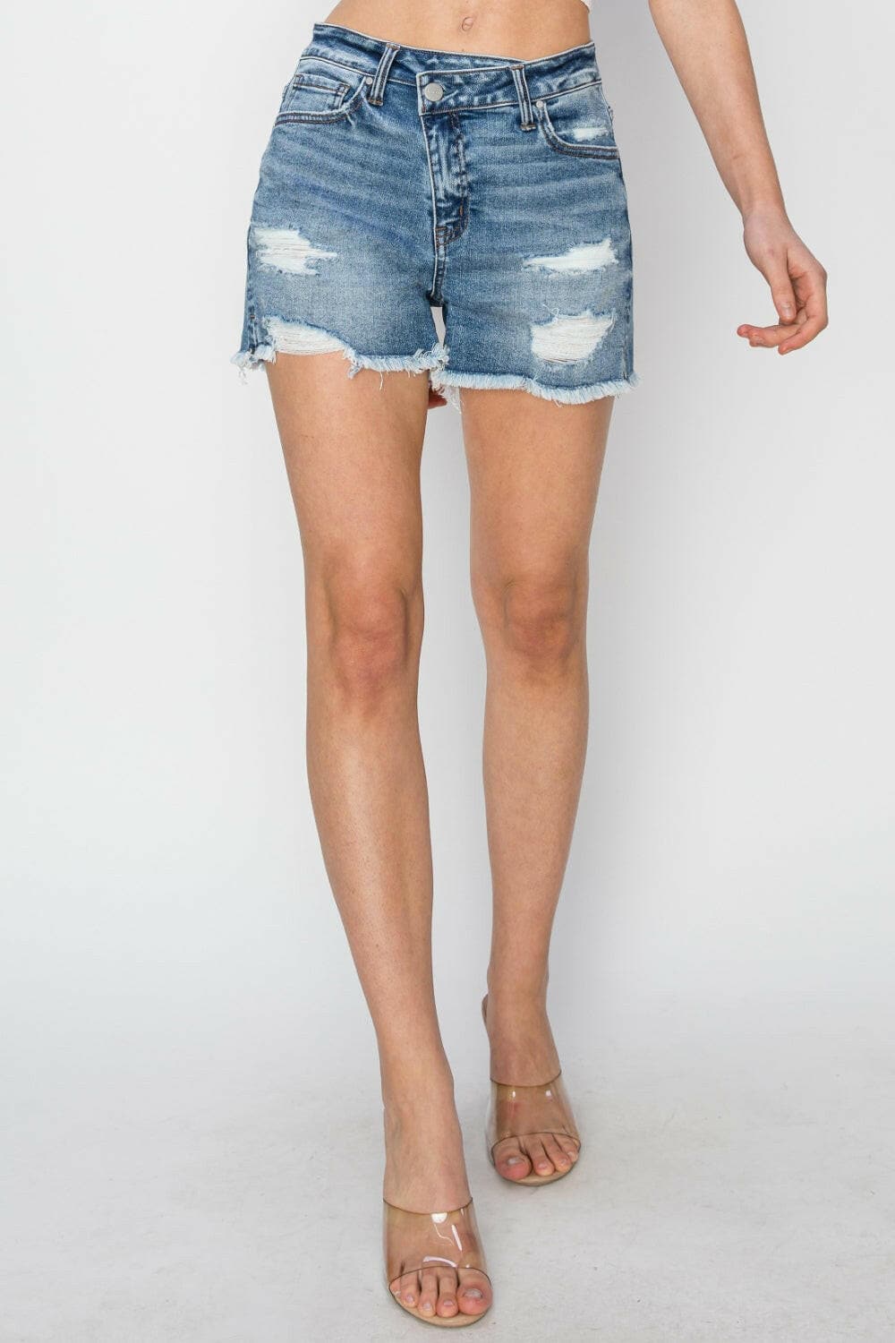 RISEN Stepped Waist Frayed Denim Shorts.