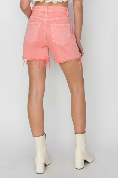 RISEN High Rise Distressed Denim Shorts.