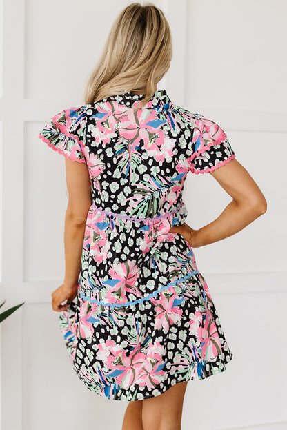 Charming Pink Floral Ricrac Embellished Tiered Mini Dress