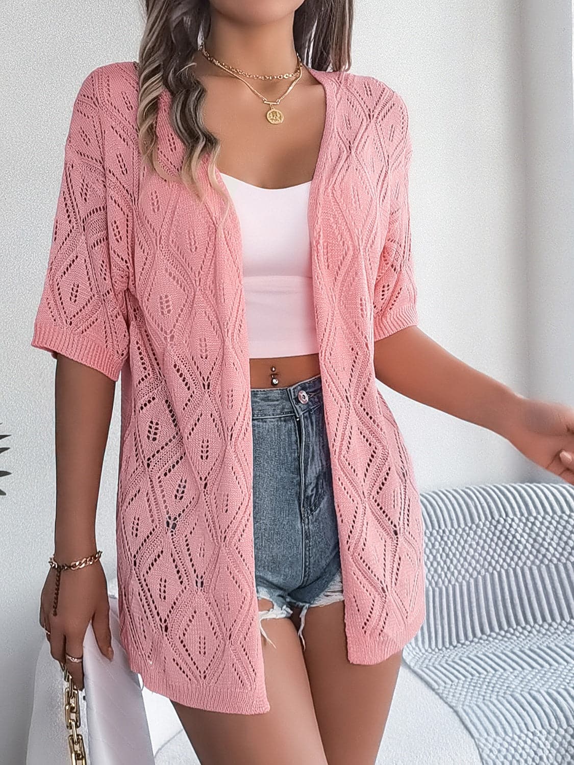 Openwork Open Front Half Sleeve Cardigan.