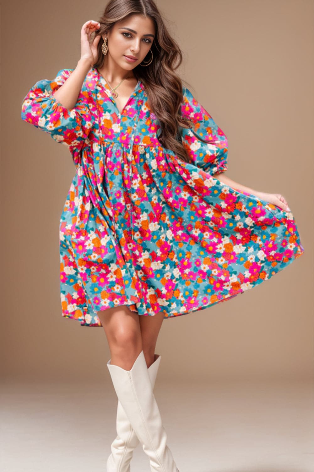 Floral Tie Neck Puff Sleeve Mini Dress.