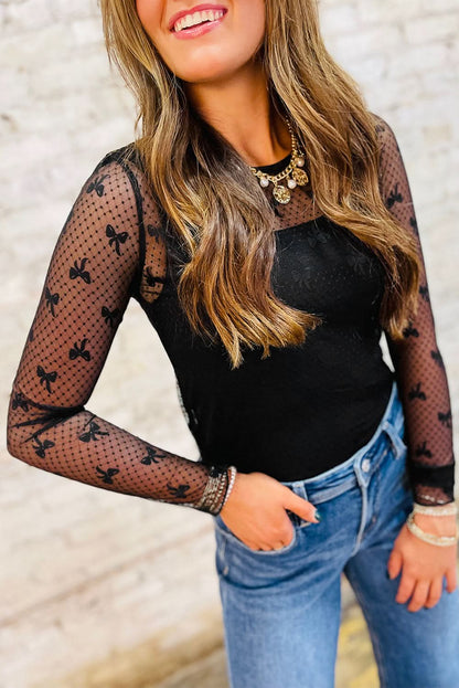 Charming Black Bow Print Long Sleeve Mesh Top