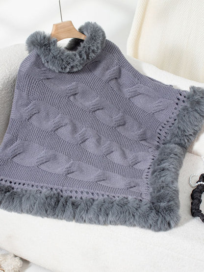 Cozy Cable-Knit Fuzzy Hem Poncho