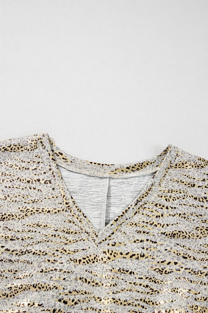 Leopard Print Half Sleeve V Neck Loose Fit T Shirt