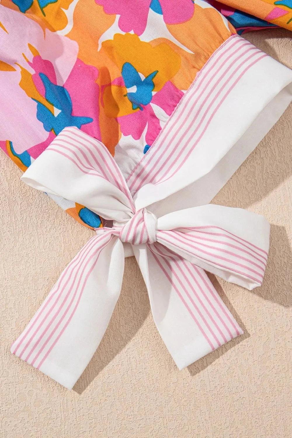 Floral Striped Edge V Neck Knotted Short Sleeve Blouse Simply Love