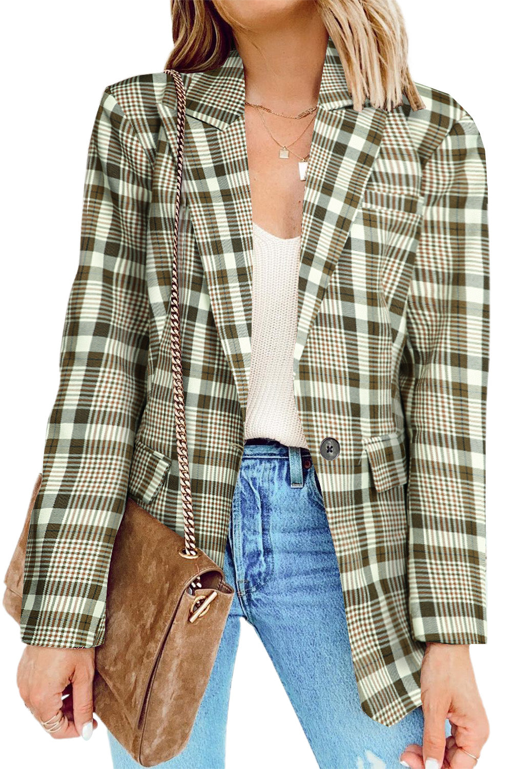 Chic khaki plaid lapel blazer with button closure