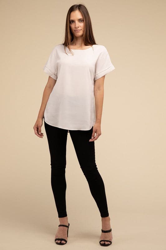 Woven Heavy Dobby Rolled Sleeve Boat Neck Top.