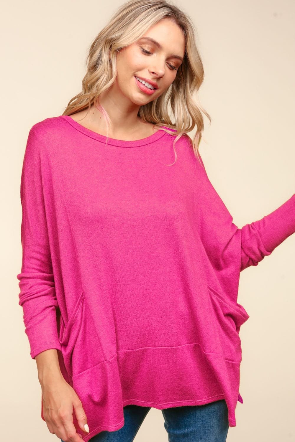 Cozy oversized knit top with pockets and dolman sleeves