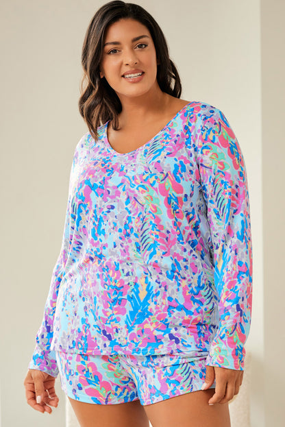 Sky Blue Floral Lounge Set for Plus Sizes with Long Sleeves and Shorts