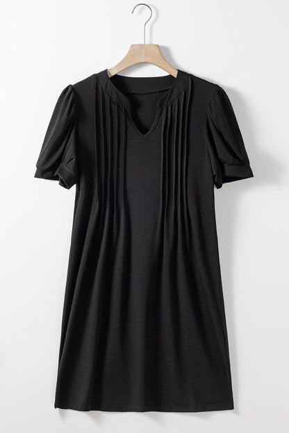 Pin-Tuck Notched Short Sleeve Dress.