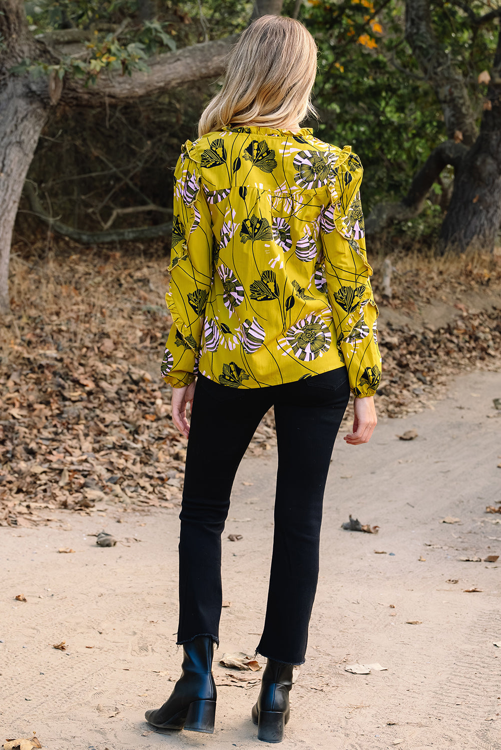 Yellow Vintage Floral V Neck Ruffle Trim Long Sleeve Blouse Dear-Lover Dropshipping