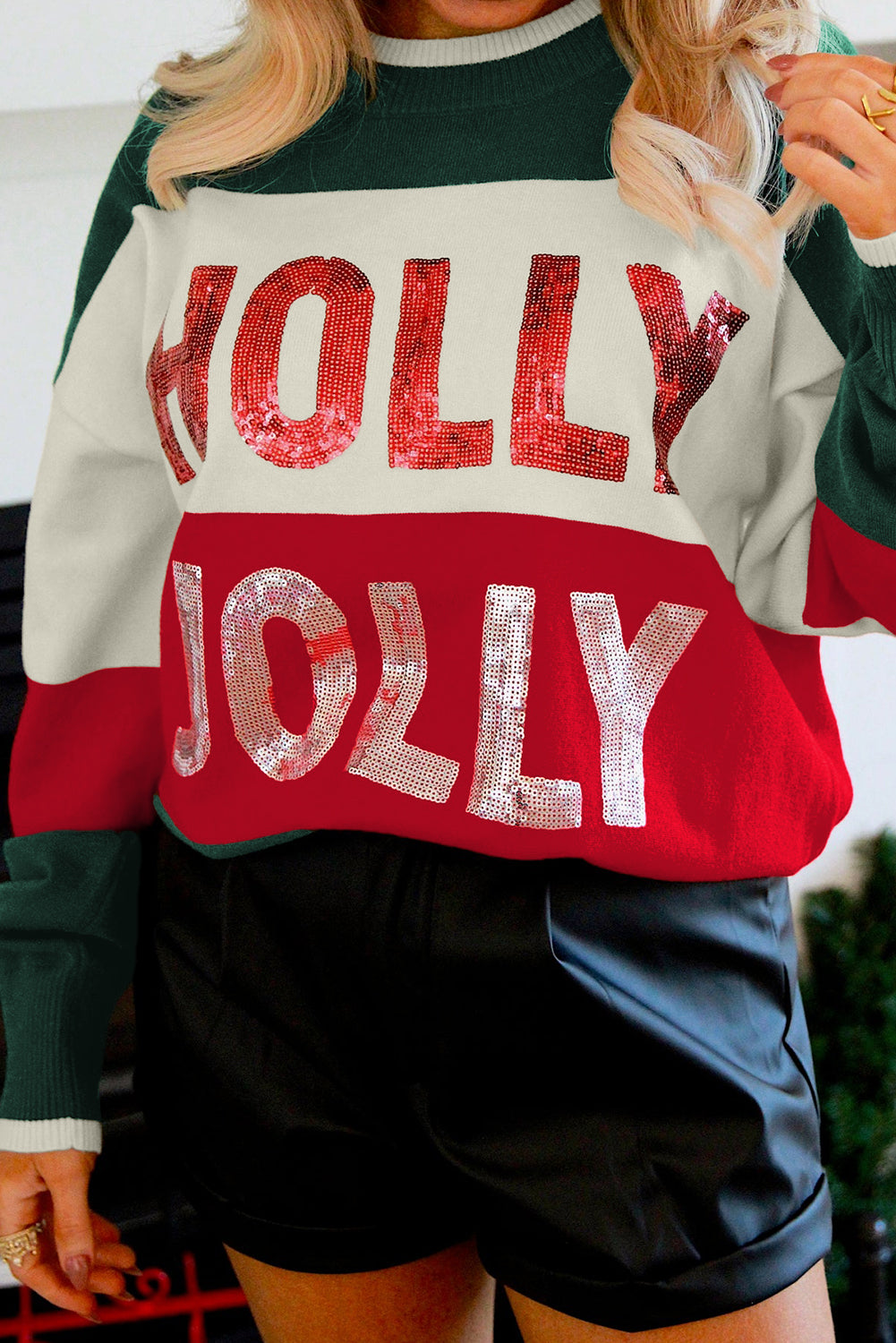 Green Sequined HOLLY JOLLY Color Block Crew Neck Sweater Dear-Lover Dropshipping