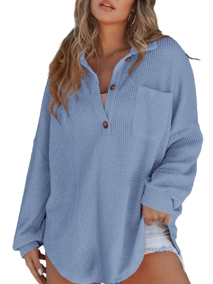 Waffle-Knit Dropped Shoulder Long Sleeve Sweatshirt.