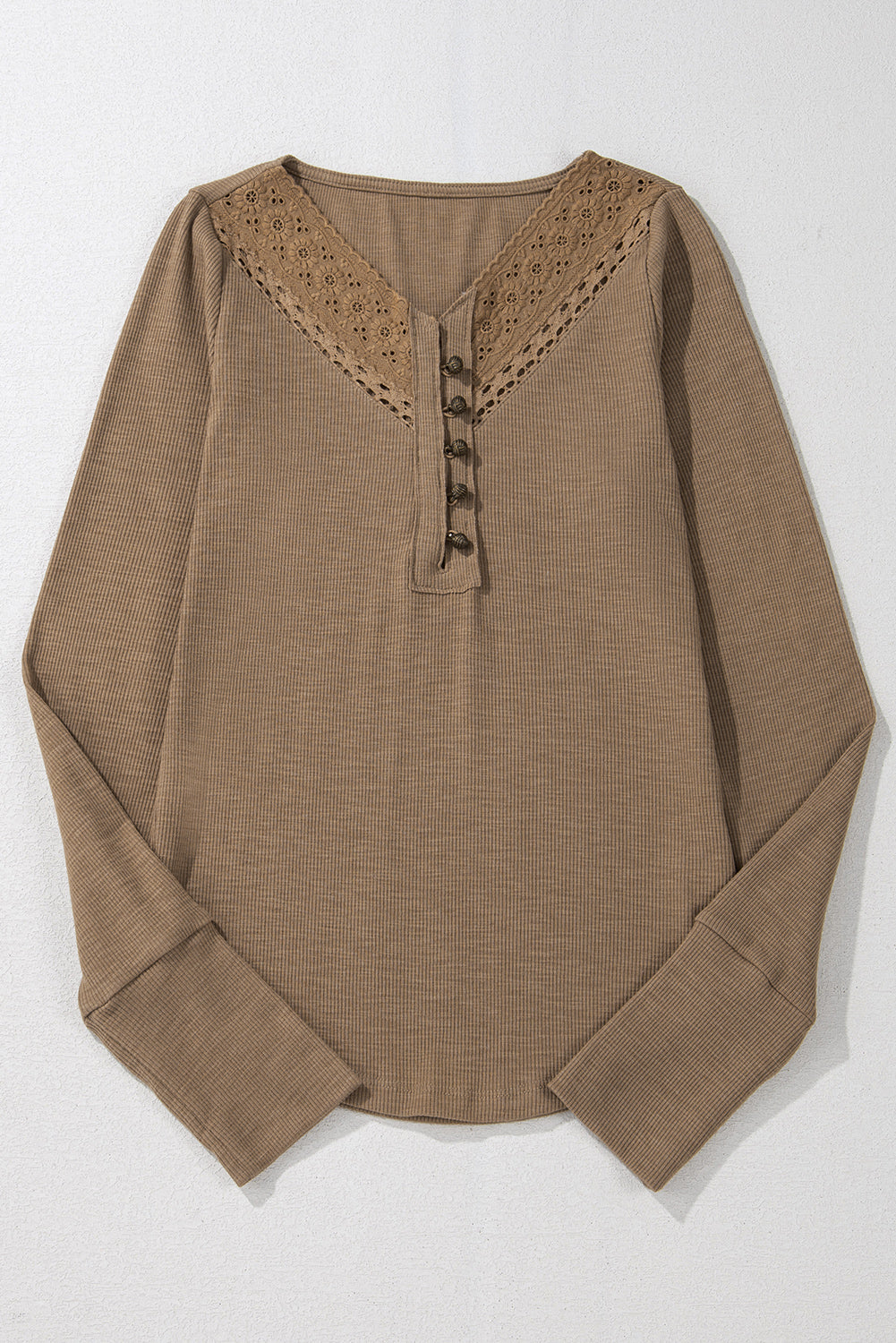 Chic chestnut ribbed long sleeve top with elegant embroidery