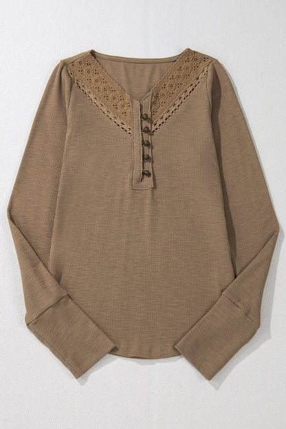 Chic chestnut ribbed long sleeve top with elegant embroidery