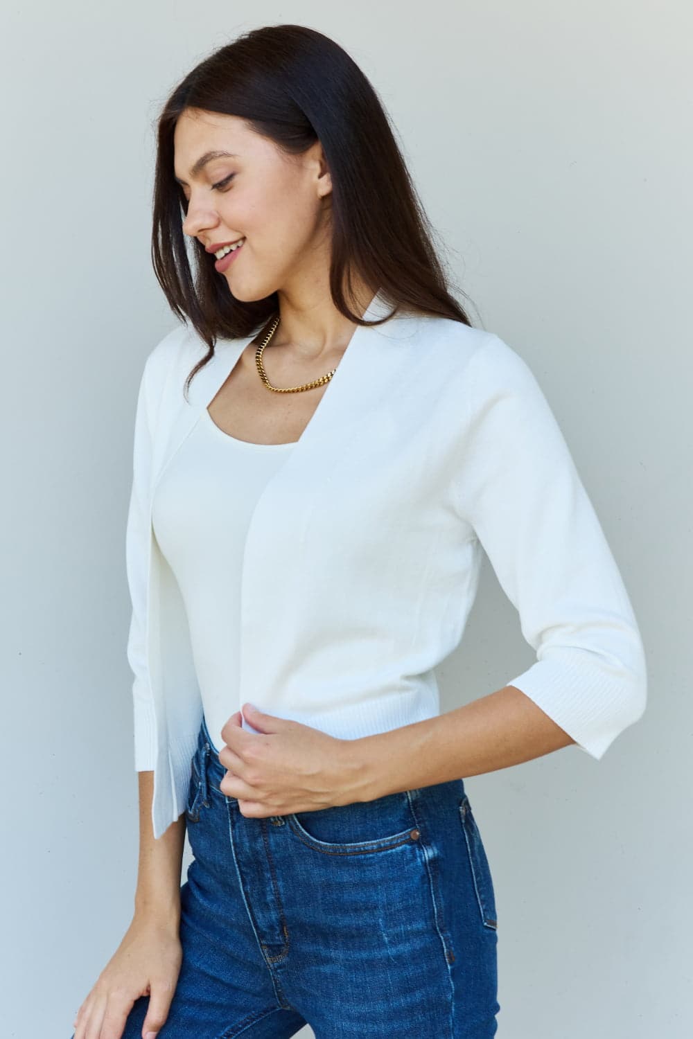 Doublju My Favorite Full Size 3/4 Sleeve Cropped Cardigan in Ivory.