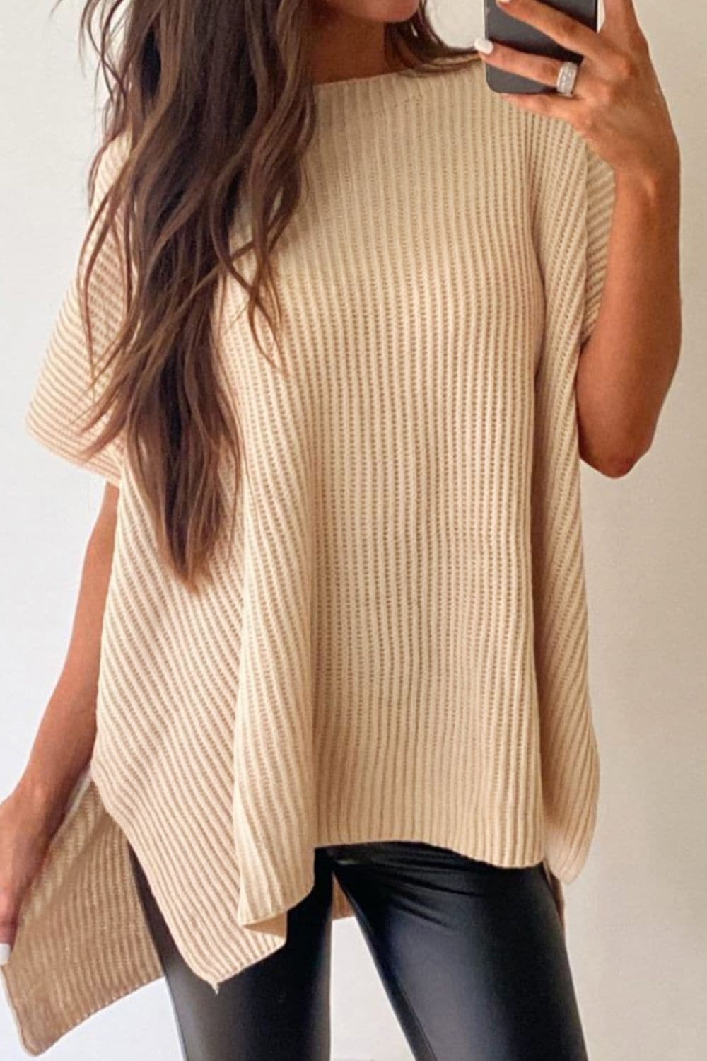 Waffle-Knit Slit Short Sleeve Sweater.