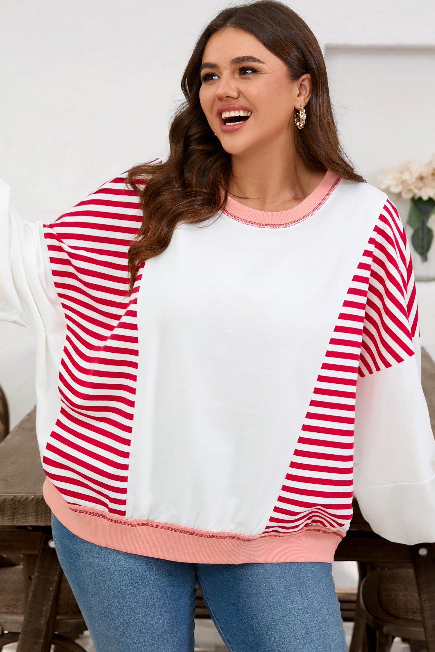 Dear-Lover Stripe Patchwork Plus Size Women's Sweatshirt Casual Fall Style Dear-Lover Dropshipping