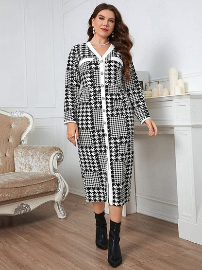 Plus Size Houndstooth Button-Down Long Sleeve Dress.