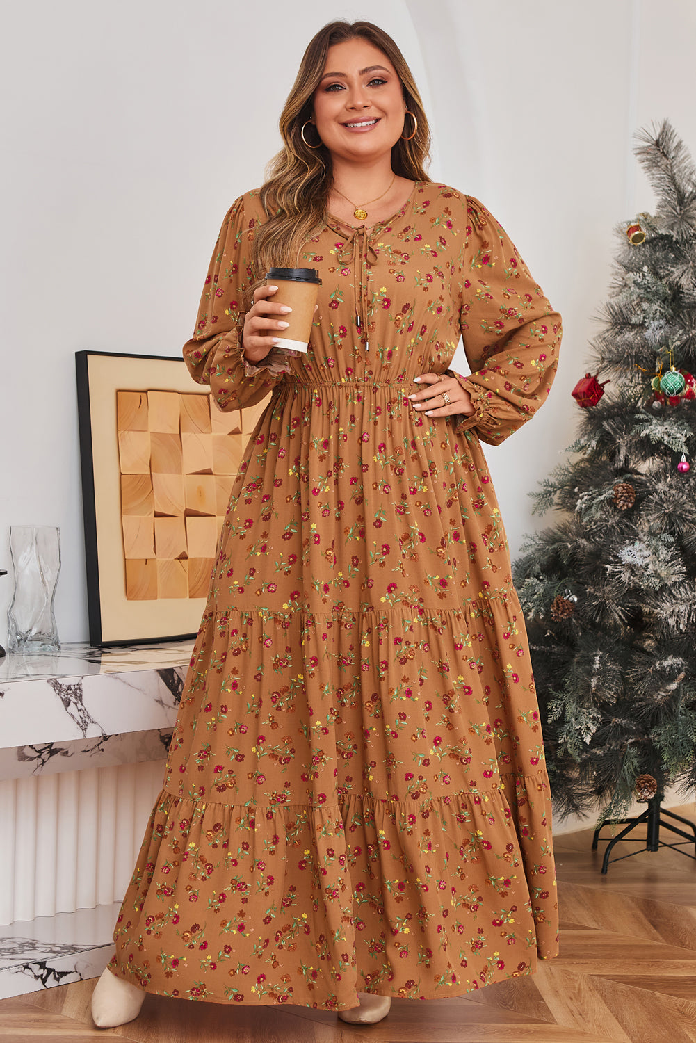 Brown Plus Size Floral Split V Neck Ruffled Sleeve Tiered Maxi Dress Dear-Lover Dropshipping