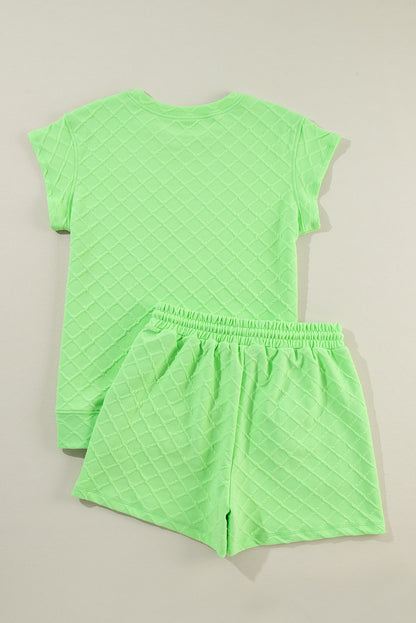 Light green checkered textured tee paired with comfy drawstring shorts