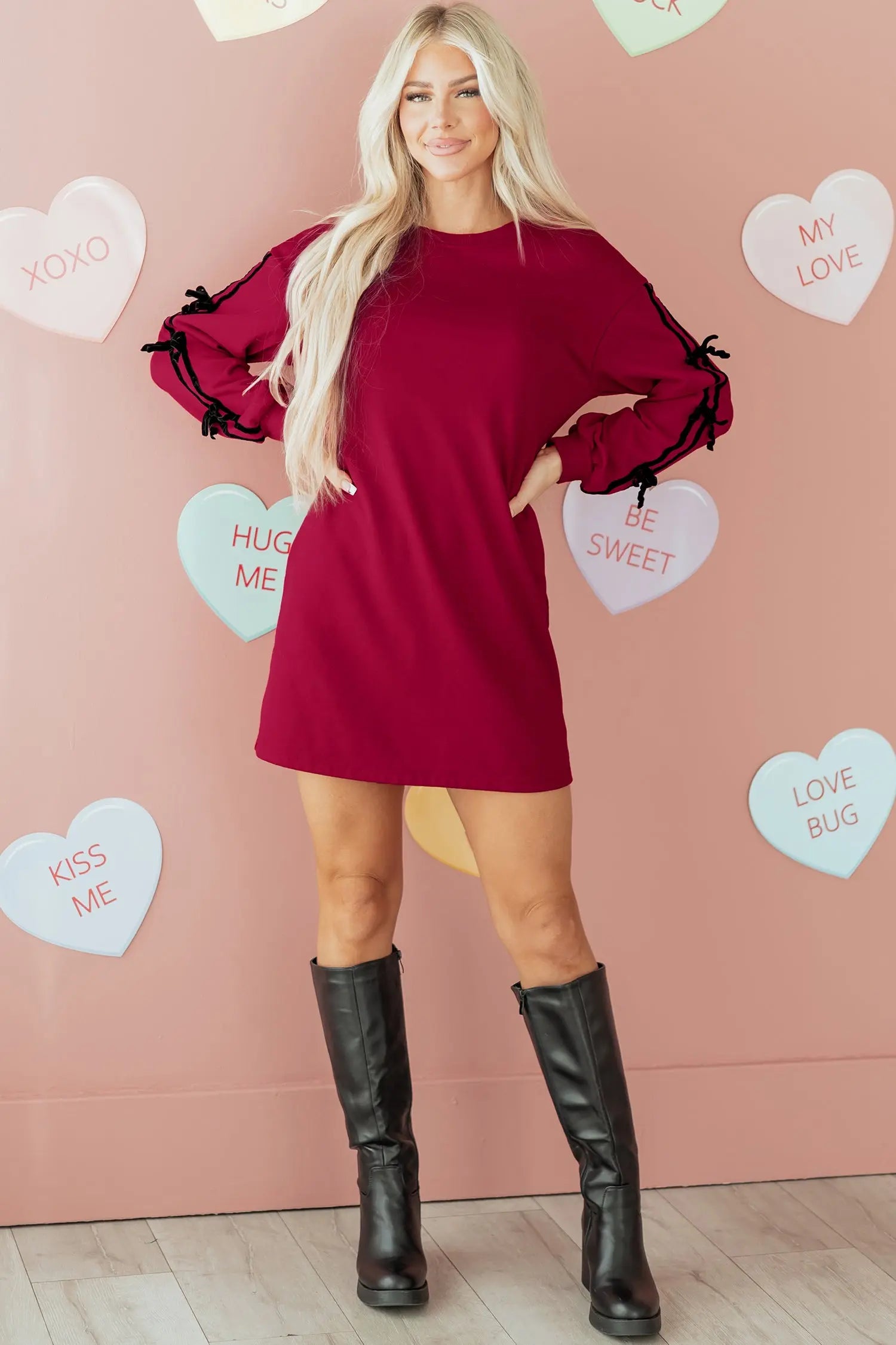 Racing Red Striped Bow Detail Drop Shoulder Sweatshirt Dress With Pockets Dear-Lover Dropshipping