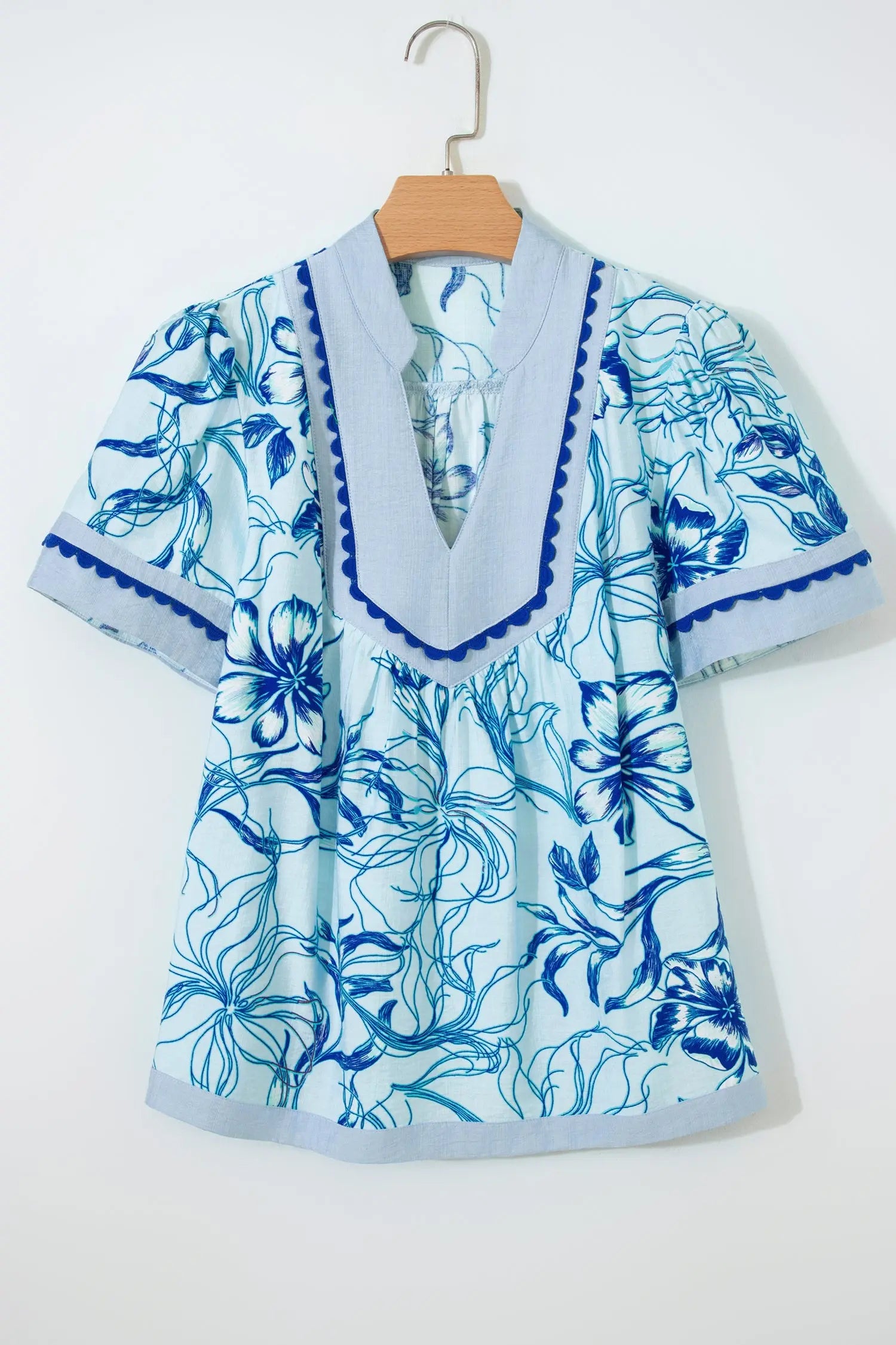 Sky Blue Ricrac Trim Slit V Neck Short Sleeve Floral Blouse Dear-Lover Dropshipping