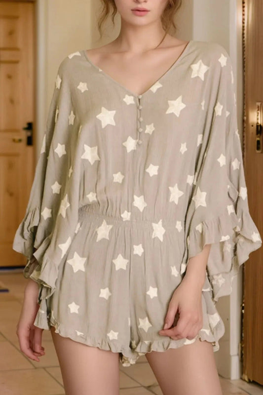 Star Print Crinkle Textured Kimono Ruffle Sleeve Romper Simply Love