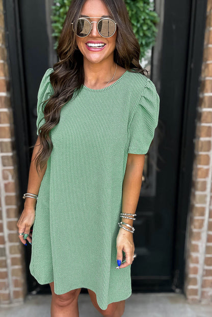 Blossom Corded Crew Neck Puff Sleeve Mini Dress