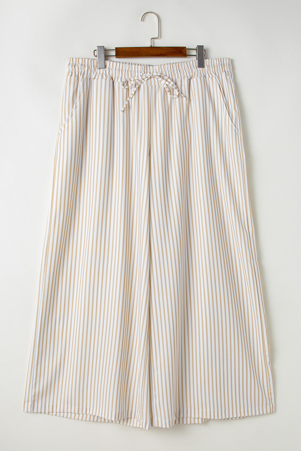 Chic khaki striped plus-size wide-leg pants with drawstring waist