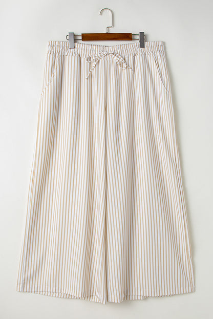 Chic khaki striped plus-size wide-leg pants with drawstring waist