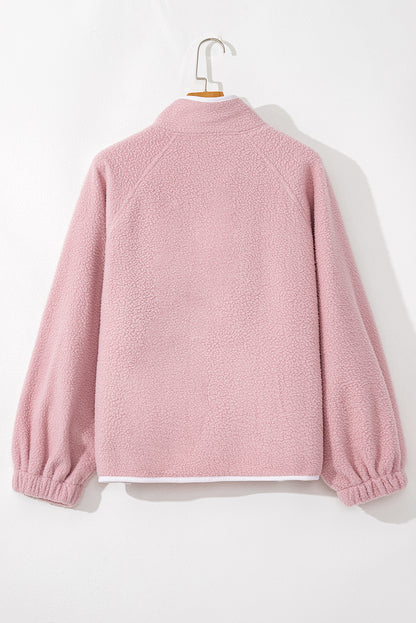 Fushia Stand Neck Half Button Zip Pocket Plush Sweatshirt