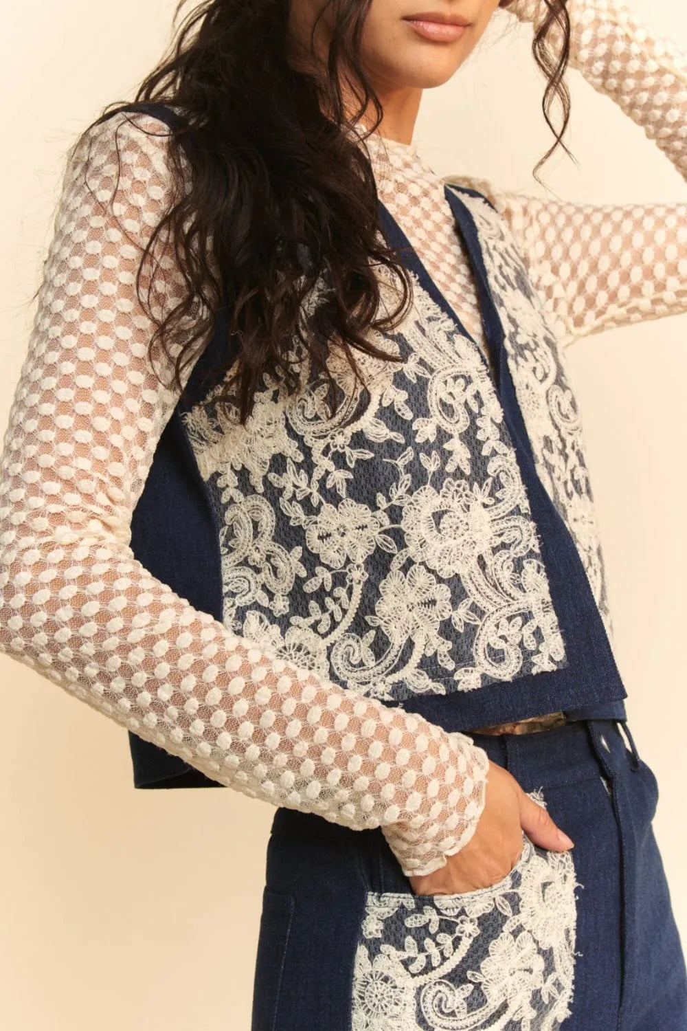 Davi and Dani Lace Patch Open Front Denim Vest - Love Salve 