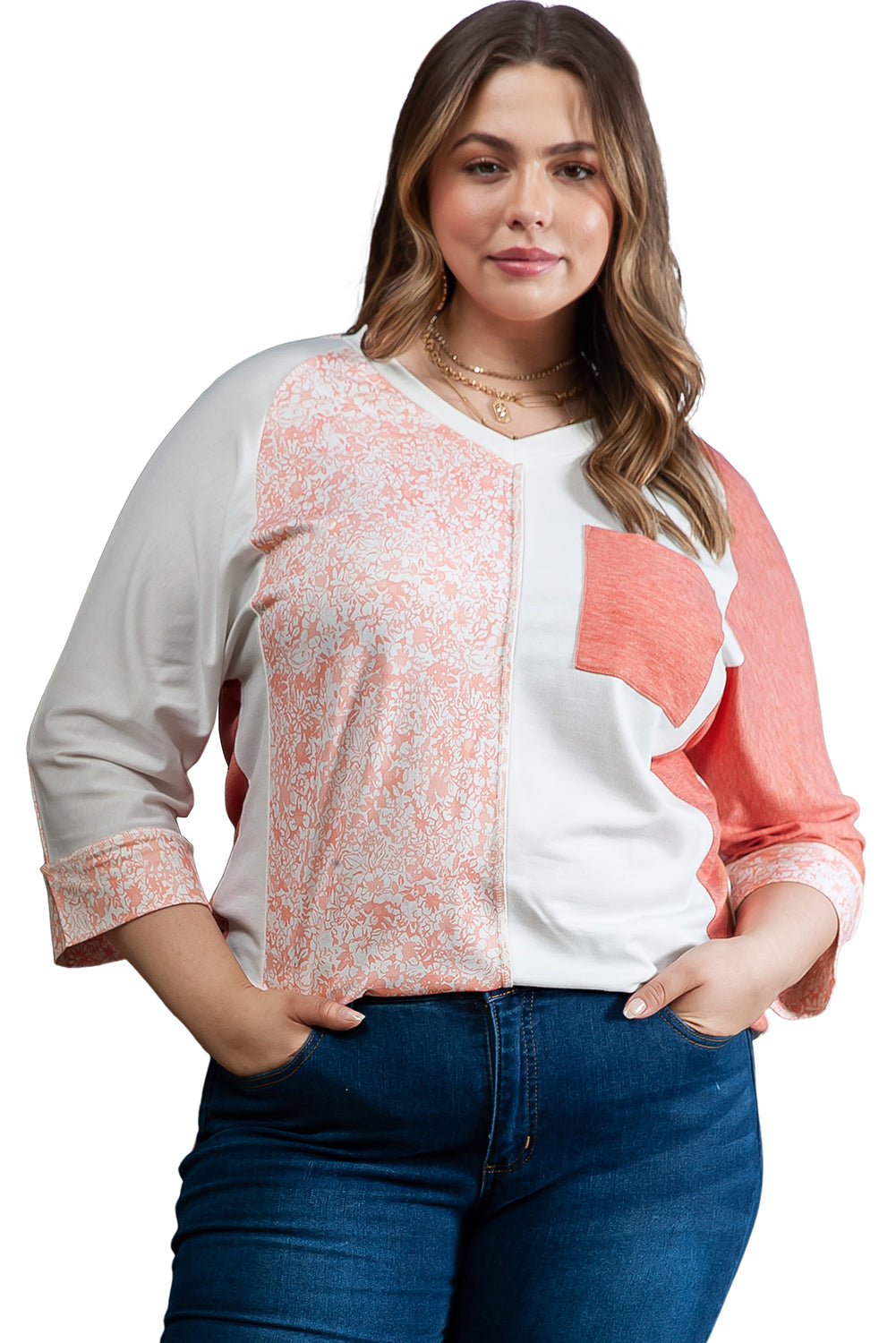 Chic pink colorblock plus size top with bracelet sleeves