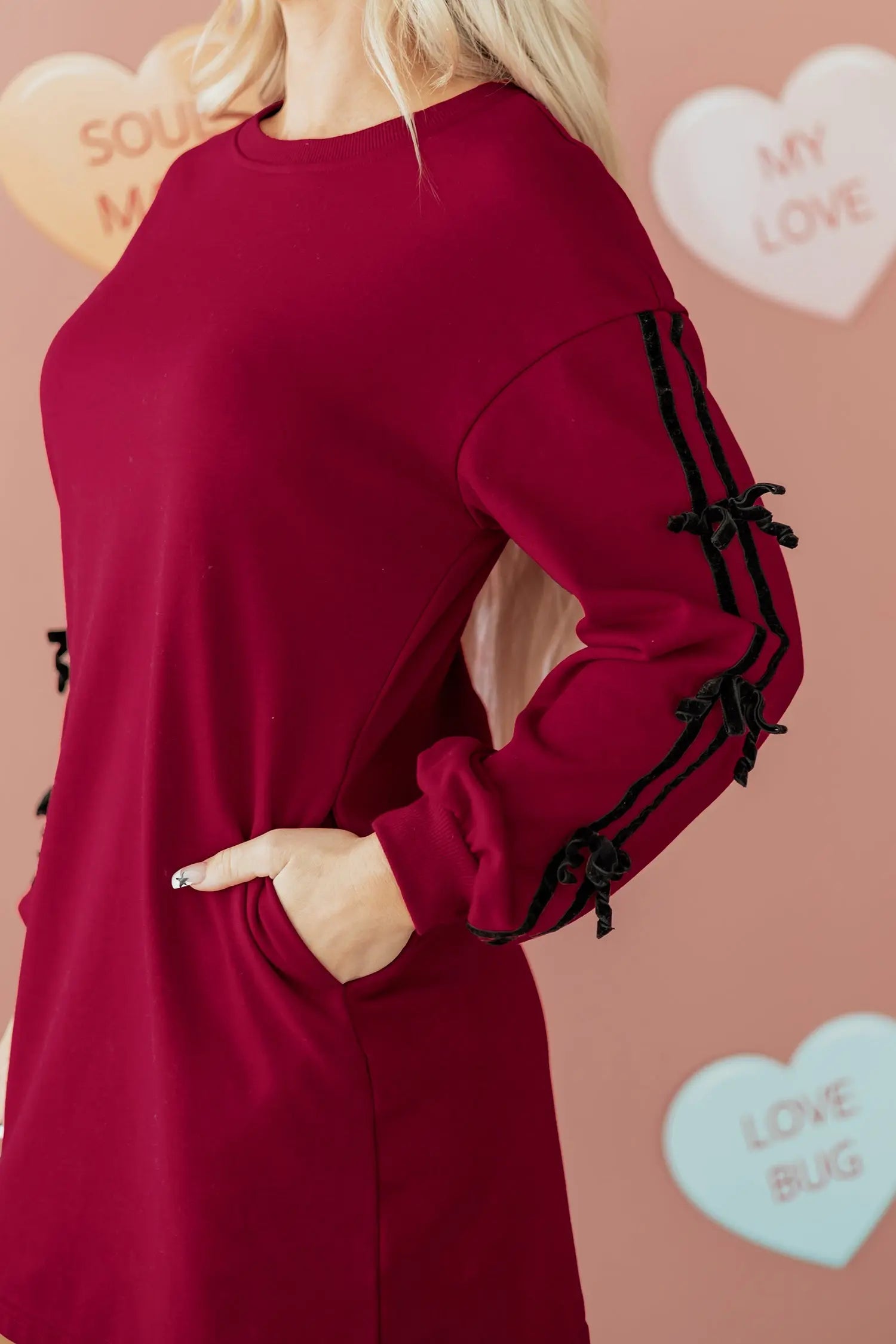 Racing Red Striped Bow Detail Drop Shoulder Sweatshirt Dress With Pockets Dear-Lover Dropshipping