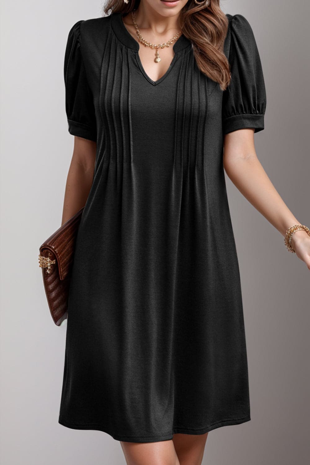 Pin-Tuck Notched Short Sleeve Dress.