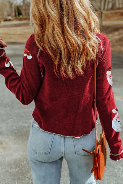 Glittering Sequin Santa Long Sleeve Blouse with Round Neck