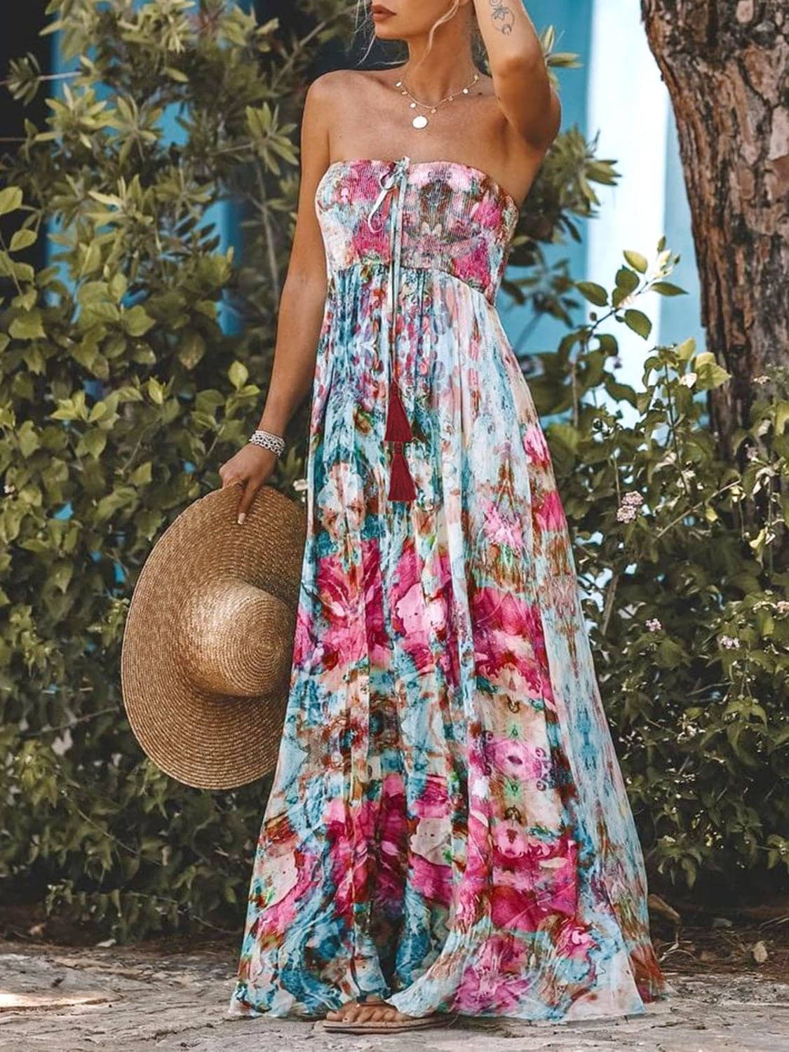 Smocked Printed Sleeveless Maxi Dress.