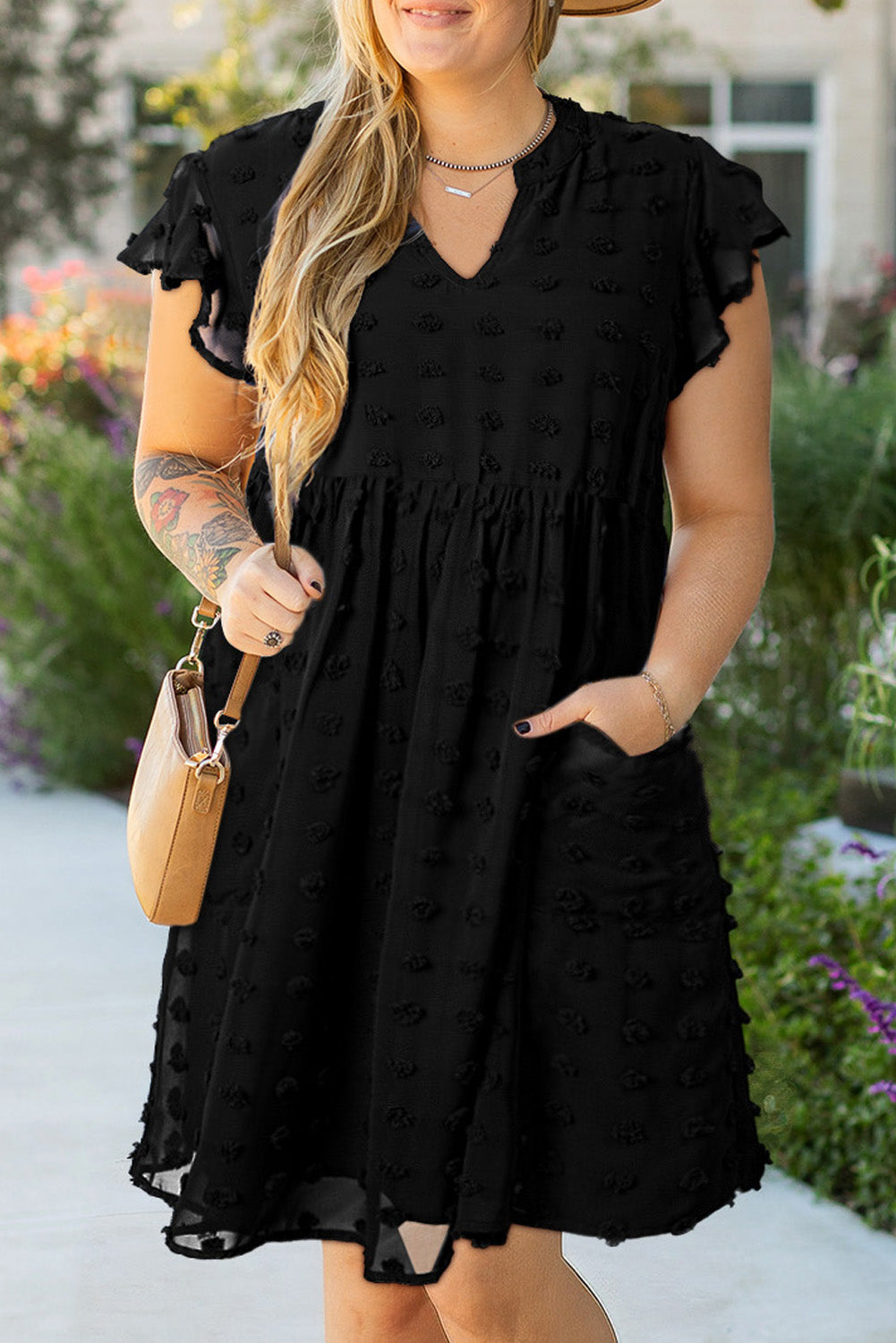 Black Dotty Textured Notched Neck Plus Size Ruffled Dress Dear-Lover Dropshipping