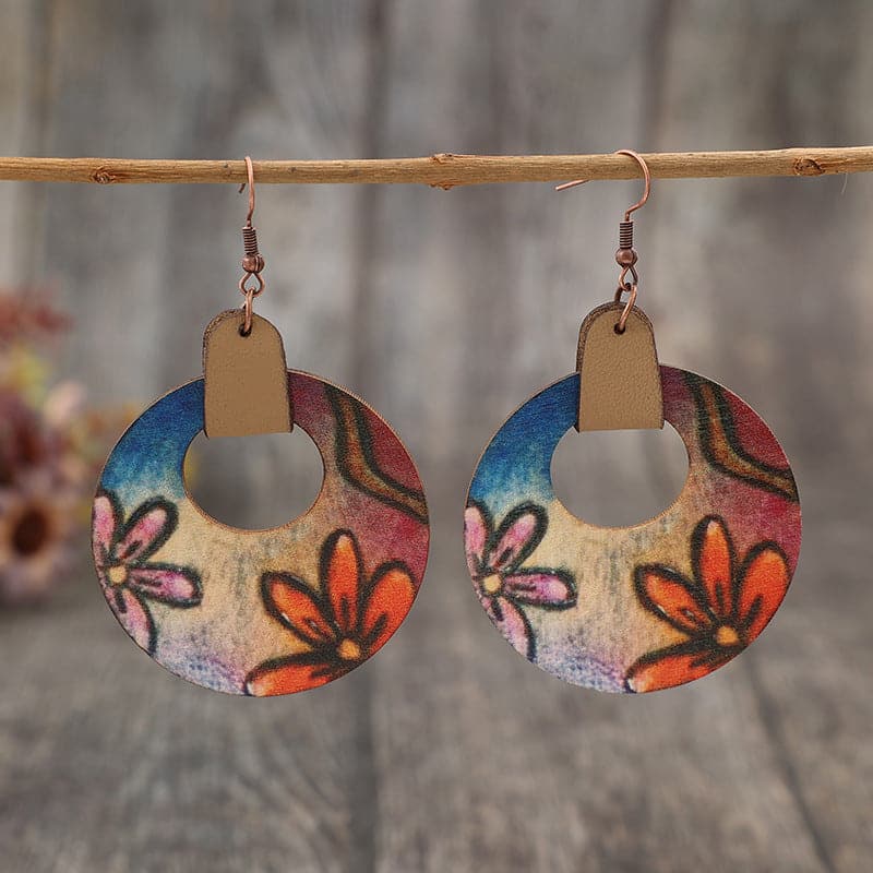 Wooden Flower Round Shape Earrings.