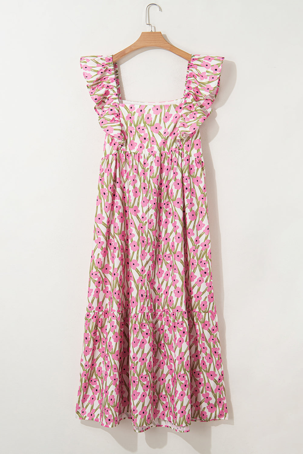 Plus Size Pink Floral Maxi Dress With Ruffle Trim And Square Neck High Waist Dear-Lover Dropshipping