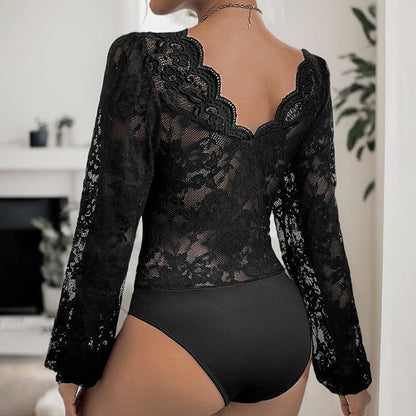 Lace-embellished plunge long sleeve bodysuit