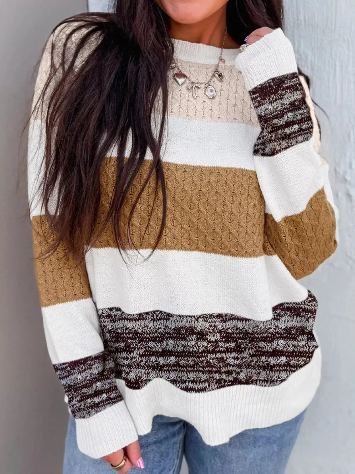 Mixed Texture Knit Striped Color Block Loose Sweater Simply Love
