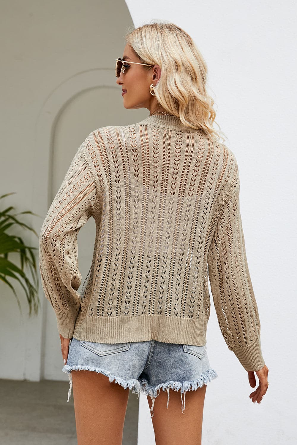 Openwork Button Front V-Neck Cardigan.